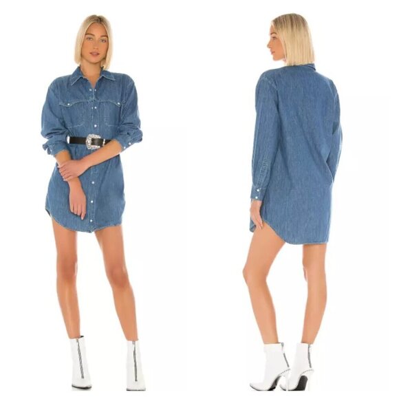GRLFRND Mariana Button Down Western Snap Front Denim Shirt Dress Blue Women's XS